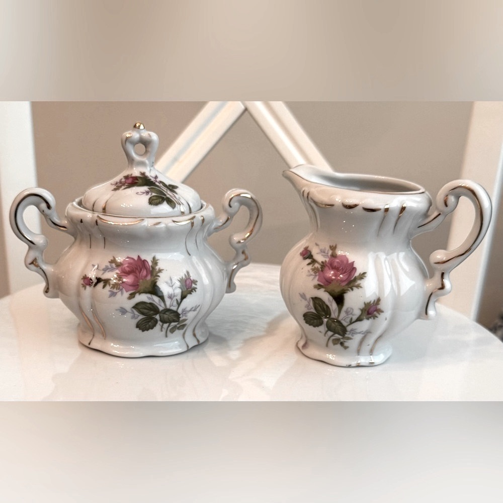 Vintage Floral Porcelain Sugar and Creamer Set